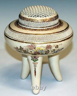 Fine Antique Satsuma Censeur Japonais Koro Pierced Kyoto Pottery Meiji Signé