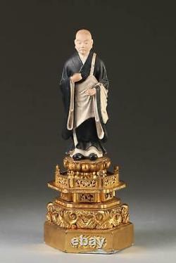 Fine Japon Japonais Polychrome Sculpté Statue Bouddhiste Sage Ca. 20e C
