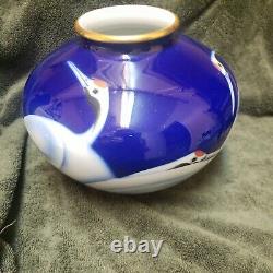 Fine Large Vase Grues De Fukagawa Coransha Japonais Cobalt Porcelaine Art Déco