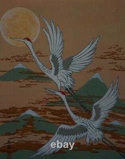 Fine Peinture À La Main Japonaise Grues Volantes Mt. Fuji Signé