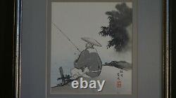 Fine Peinture À La Main Japonaise Homme Pêche Signé Chop Timbre Encadré