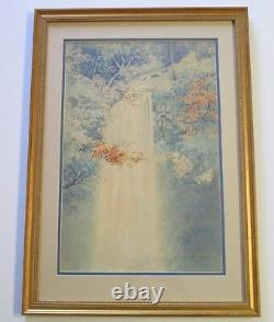 Fine Peinture Japonaise Waterfall Paysage Antique Art Déco Tonaliste Signé