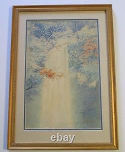 Fine Peinture Japonaise Waterfall Paysage Antique Art Déco Tonaliste Signé