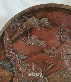 Fine Plaque De Bronze Japonais Signée Kobayashi Shi Sei Meiji / Edo Détaillée