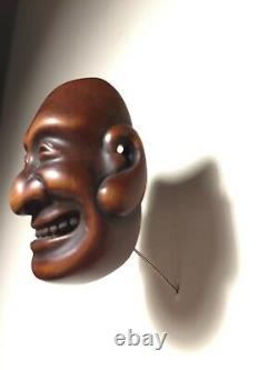 Finement Sculpté Antique En Bois Japonais Netsuke Masque Mennetsuke De La Plus Haute Qualité