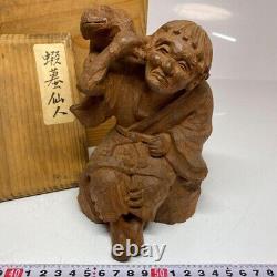 Frog Hermit Statue En Bois 6,5 Pouces Signé Antique Wood Carving Fine Art Japonais