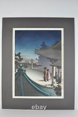 Gravure sur bois japonaise de Tsuchiya Koitsu 'Soirée au temple de Mii'