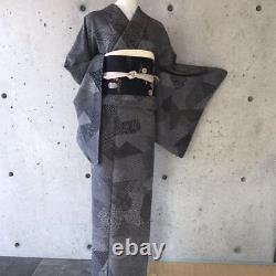 Kimono japonais en soie pure motif fin Edo Komon 160,5 cm noir Yamato Antique