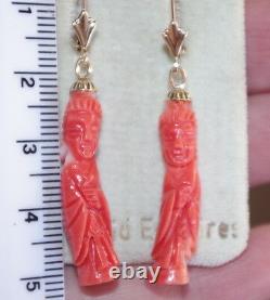 Kwan Yin Antique Rouge Momo Coral Sculpté Japonais Gros Levier Boucles D'oreilles Arrière