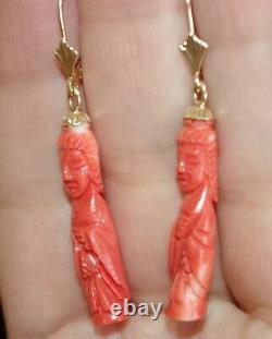 Kwan Yin Antique Rouge Momo Coral Sculpté Japonais Gros Levier Boucles D'oreilles Arrière