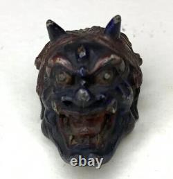 Masque japonais ancien en bois finement sculpté signé RYUUN Yokai Oni Ogre