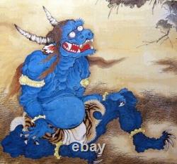 Masque japonais ancien en bois finement sculpté signé RYUUN Yokai Oni Ogre