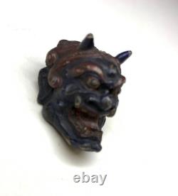 Masque japonais ancien en bois finement sculpté signé RYUUN Yokai Oni Ogre