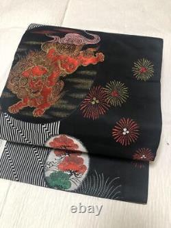 Obi antique japonais Nagoya en soie pure motif fin Kimono Lion