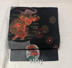 Obi antique japonais Nagoya en soie pure motif fin Kimono Lion