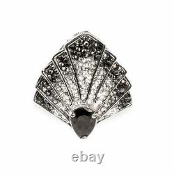 Old Japonais Art Déco Vintage Style Black Onyx & Cz Fan-shaped 925 Silver Ring