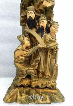 Paire Antique Chine Fine Sculpté Bois Scénique Porte Bougie Figurine Lampes Japonais