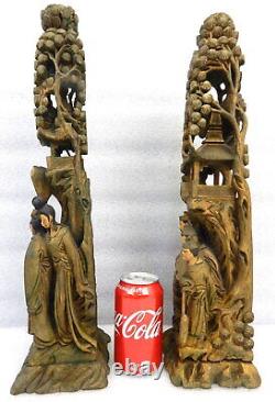 Paire Antique Chine Fine Sculpté Bois Scénique Porte Bougie Figurine Lampes Japonais