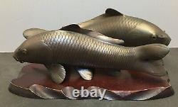 Paire De Fine Période Japonaise Meiji Bronze Okimono Koi-fish, Signé