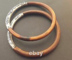 Paire Rare De Bracelets En Bracelets En Bambou Vintage Japonais Argent 925 Fabriqués À La Main