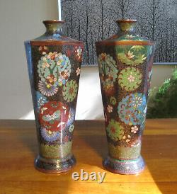 Paire Vases Japonais Cloisonne Antique Hexagonal Très Fine Qualité