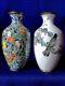 Paire De Vases Japonais Anciens En Cloisonné Fin Avec Mésange, Papillon, Colombelle, Etc.