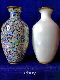 Paire de vases japonais anciens en cloisonné fin avec mésange, papillon, colombelle, etc.