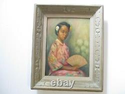 Peinture Antique Vieux Asiatique Chinoise Ou Japonaise Fille Avec Fan 1930's Art