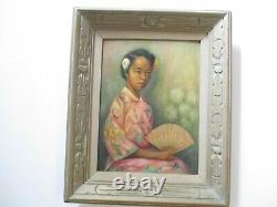 Peinture Antique Vieux Asiatique Chinoise Ou Japonaise Fille Avec Fan 1930's Art