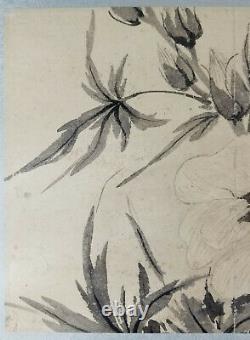 Peinture Aquarelle Chinoise Antique Ou Japonaise Fleurs Papier Signé
