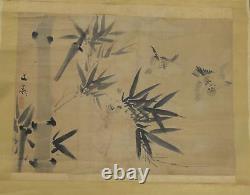 Peinture Japonaise Antique De Bruant Fine Scroll Aquarelle Signé Buncho Edo Co