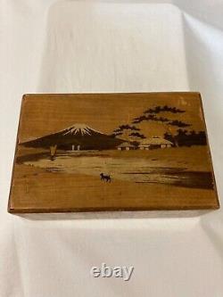 Rare Antiquité Japonaise Finement Incrustée Boîte De Parqueterie Mt Fuji/secret Compartiment
