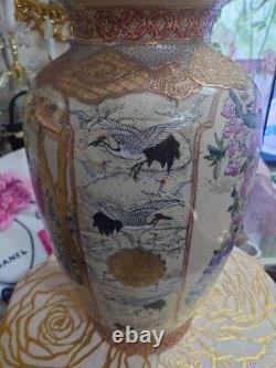 Satsuma Grand Vase 17.7 Dans Samurai Crane Bird Antique Meiji Era Fine Art Japonais