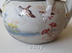 Teapot Bon Vieux Japonais Banko - Sac En Forme - Émaillé Avec Des Oiseaux, Des Fleurs