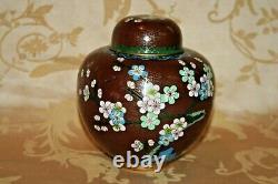 Très Belle Antique Japonaise 6 Lidé Bourgogne Plum Floral Cloisonne Ginger Jar