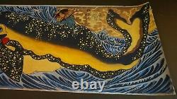 Très Fine Grande Main Japonaise Peinture Samouraï Et Une Baleine Sur Papier