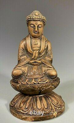 Très Fine Japon Japonais Sculpté Boxwood Figure Du Bouddha Sur La Base De Lotus
