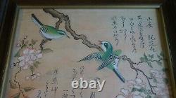 Très Fine Peinture À La Main Japonaise 2 Oiseaux Verts Sakura Chop Stamp Encadré