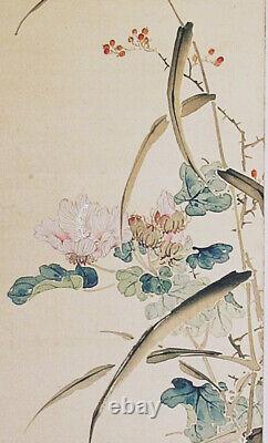 Une belle peinture de paysage automnal chinois/japonais avec des plantes et des fleurs.