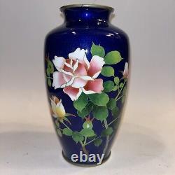 Vase Cloisonné Japonais Vintage Motif Floral sur Fond Bleu de Haute Qualité 7.25