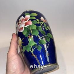 Vase Cloisonné Japonais Vintage Motif Floral sur Fond Bleu de Haute Qualité 7.25