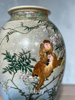 Vase De Peinture À La Mode Satsuma Monkey Flower Signé Par Hamada Antique Meiji Japonais