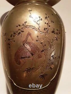 Vase Japonais Fin Meiji Shakudo Bronze Ikebana Avec Oni Et Crain