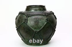 Vase en bronze gravé avec motif de corde de 9,8 pouces de l'ère MEIJI, antiquité japonaise d'art ancien fine