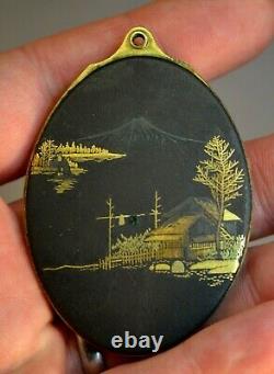 Very Fine Antique 19ème C. Japonais Mt Fuji Damascene Locket W Mirror Meiji Japon