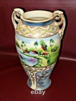 Vintage Grand Miako Peint À La Main Fin Japonais Nippon Perles Porcelaine Urne Vase
